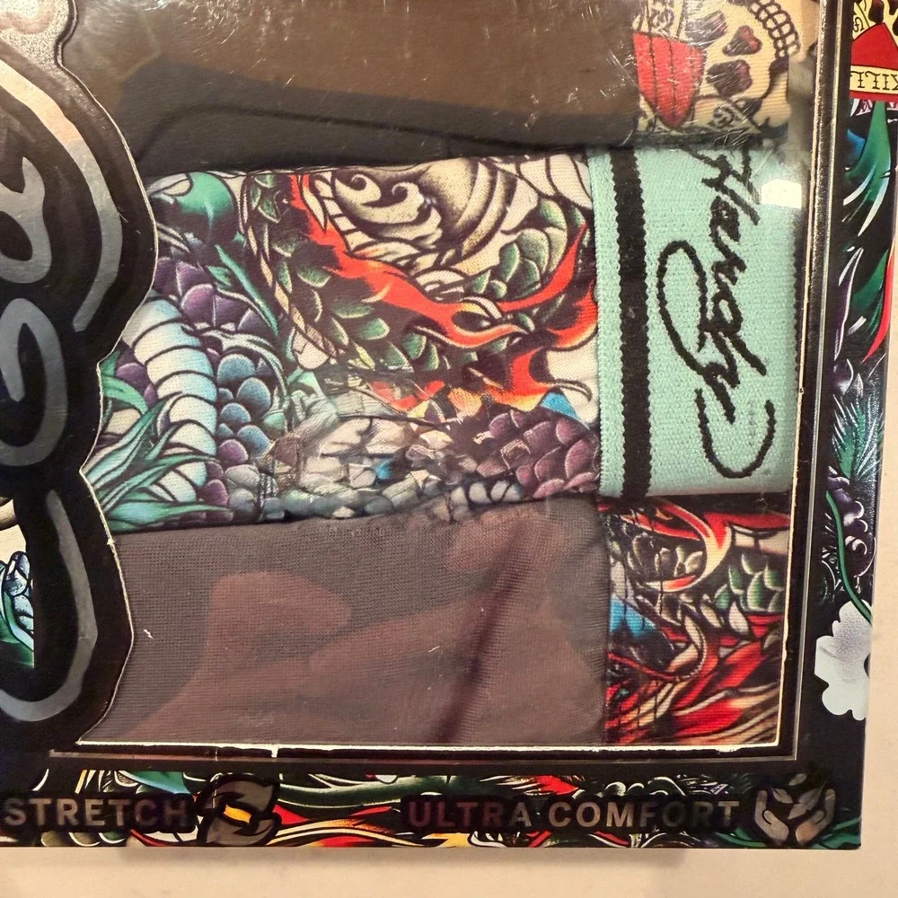 Ed Hardy Cotton Stretch Boxer Briefs 4 Pack (MD 32-34) Soft Skull Dragon Tattoo